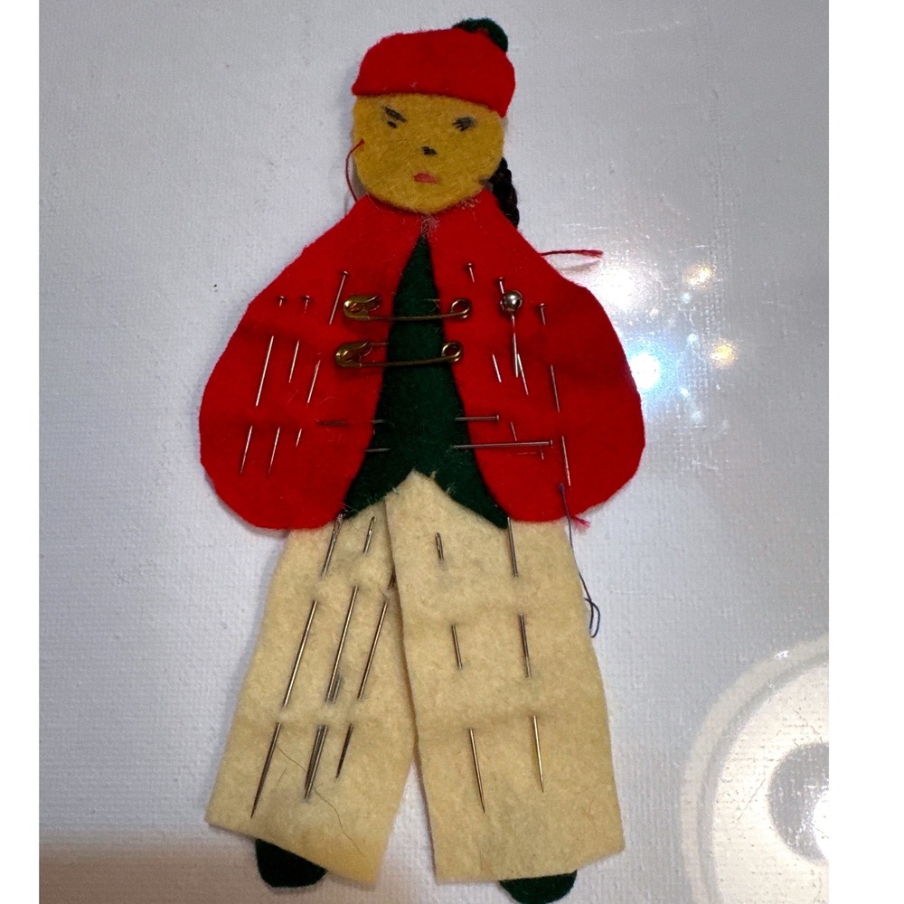 Vintage Felt Needle Book Pin Cushion Handmade Sewing Kit Folk Art Figure